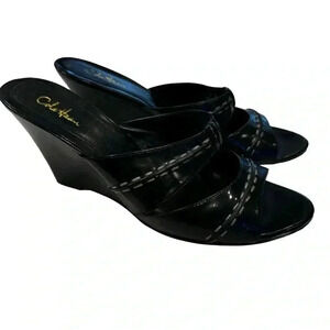 Cole Haan black leather wedge sandals with white stitching. Size 8.5